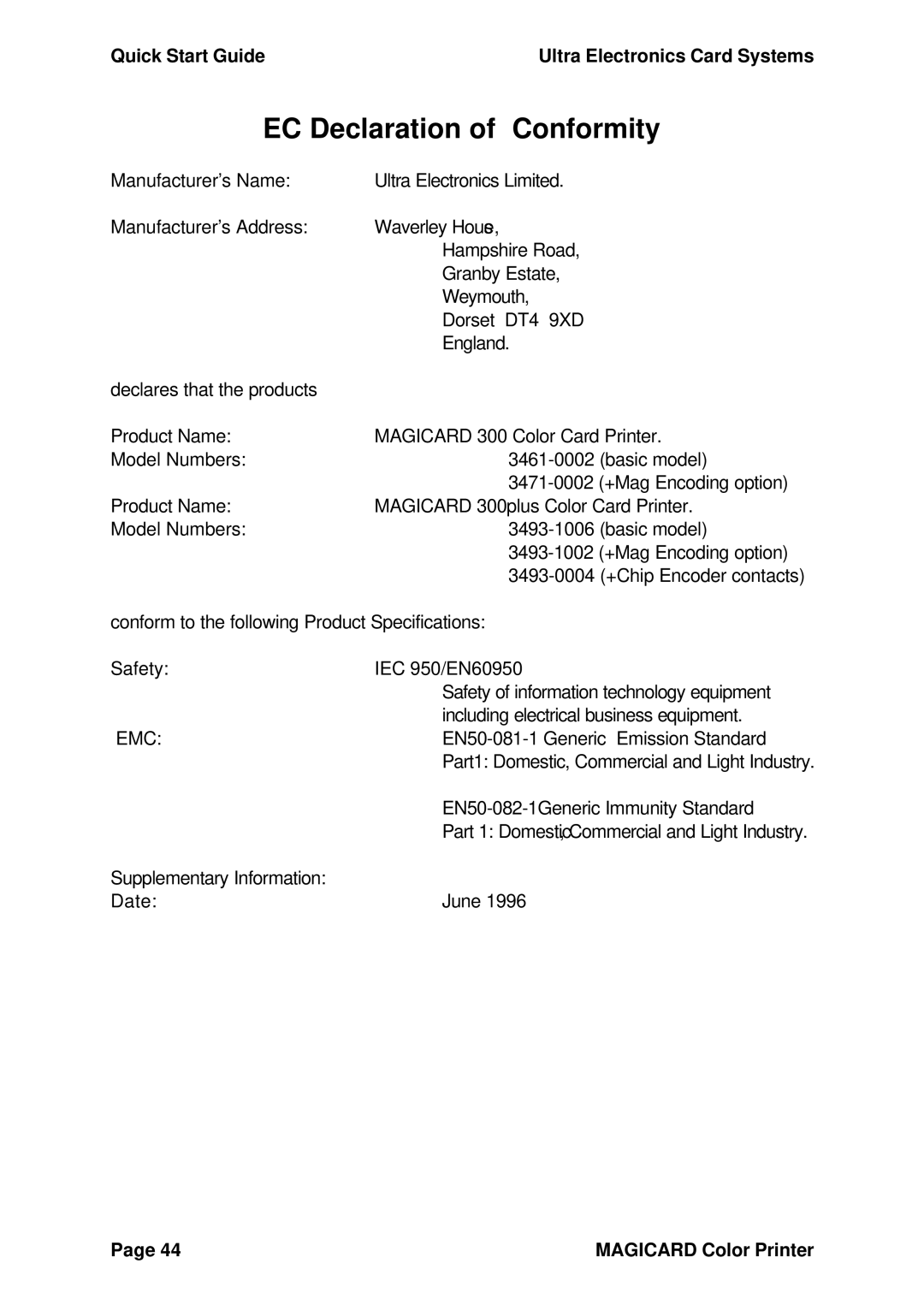 Ultra electronic 300plus quick start EC Declaration of Conformity, Safety 