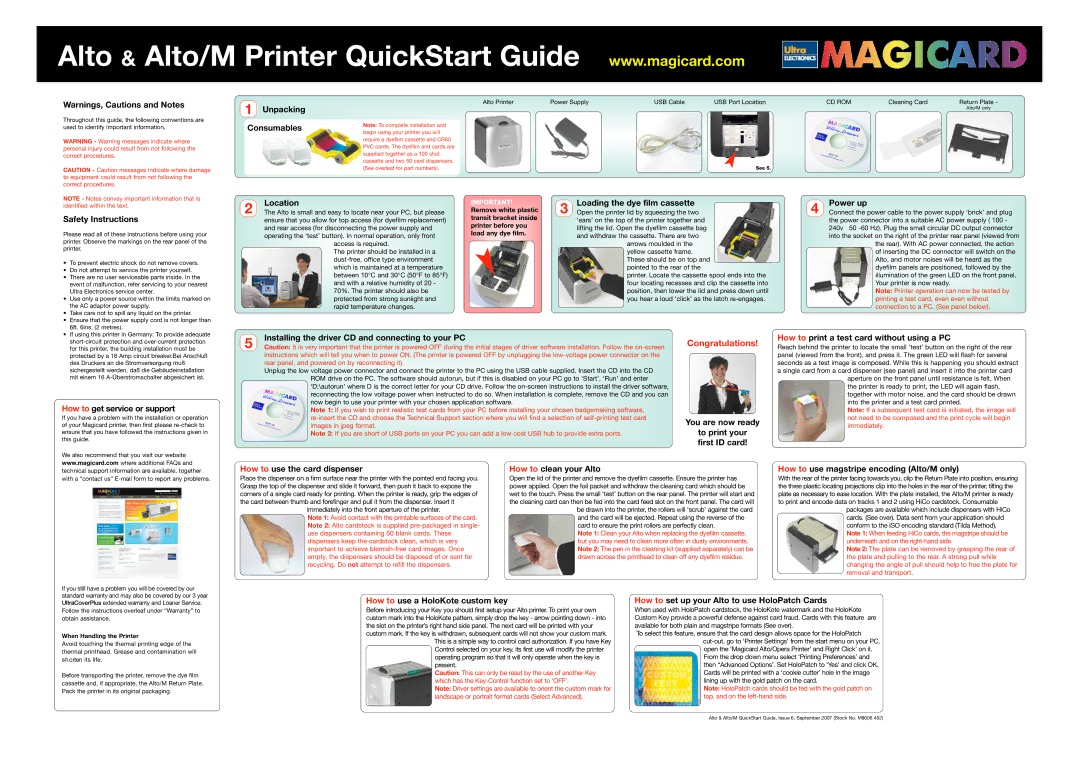 Ultra electronic Alto/M, ALTO quick start Safety Instructions, Location, Loading the dye film cassette, Power up 