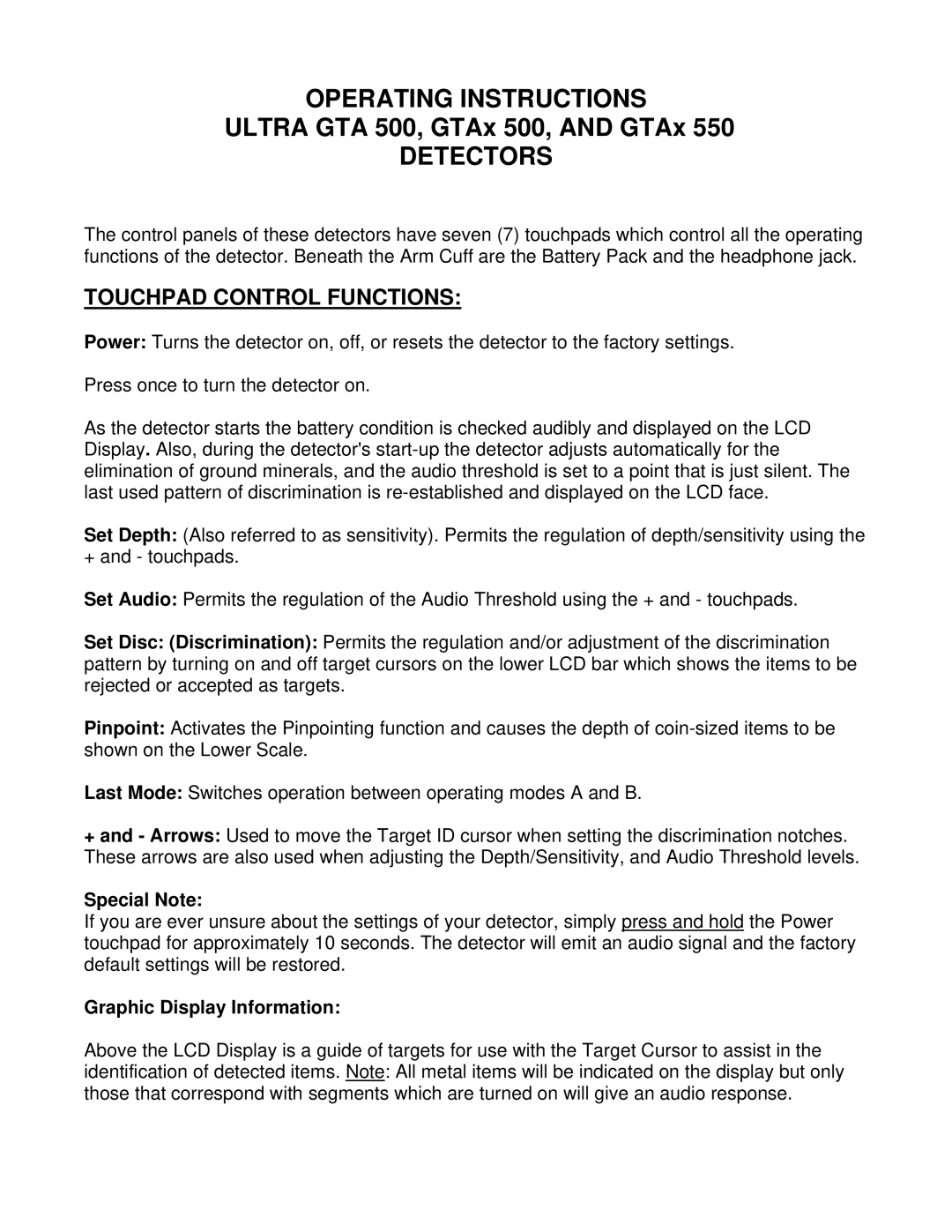 Ultra electronic GTAX 500 operating instructions Touchpad Control Functions, Special Note, Graphic Display Information 