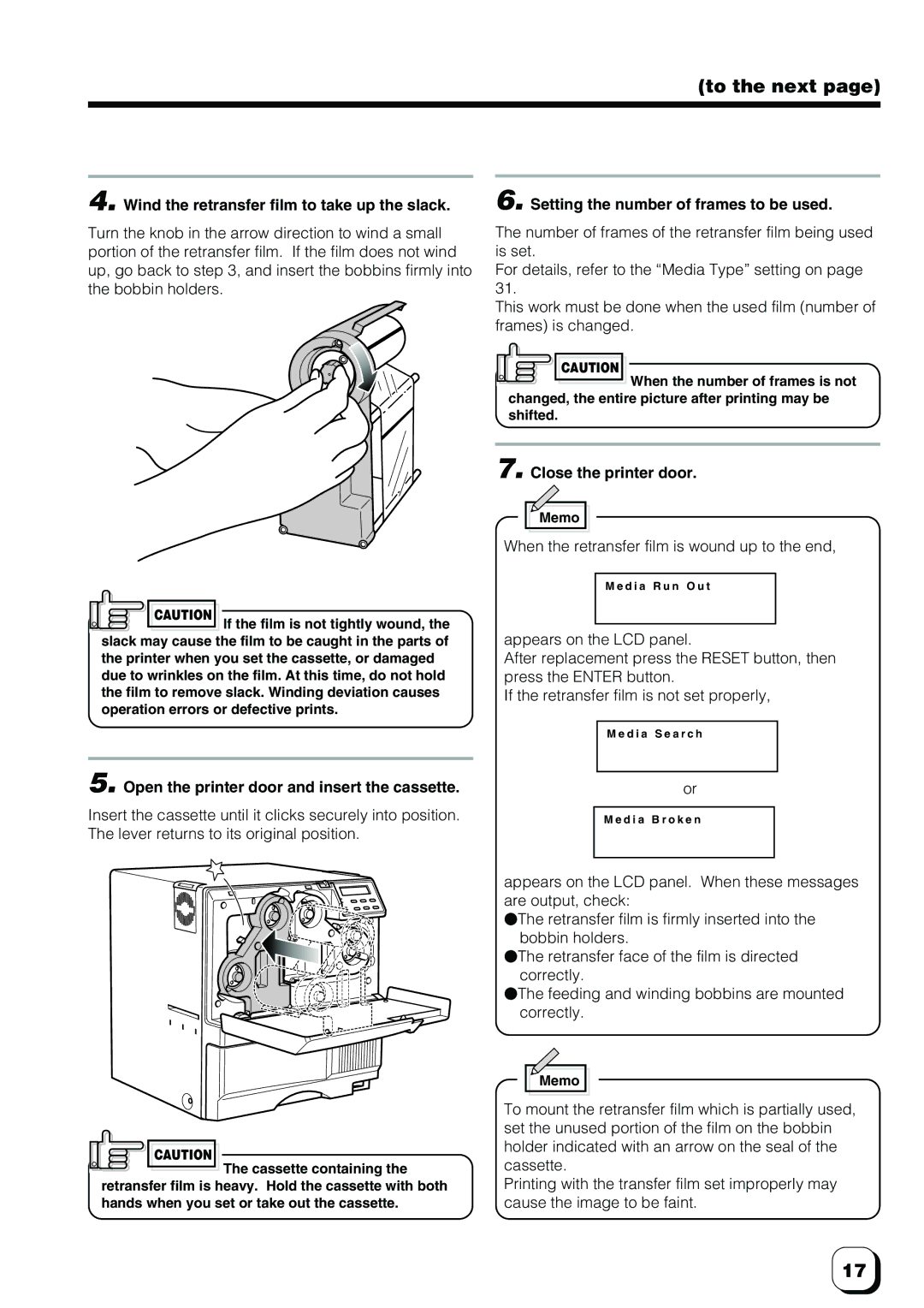 Ultra electronic ID Card Printer Wind the retransfer film to take up the slack, Setting the number of frames to be used 