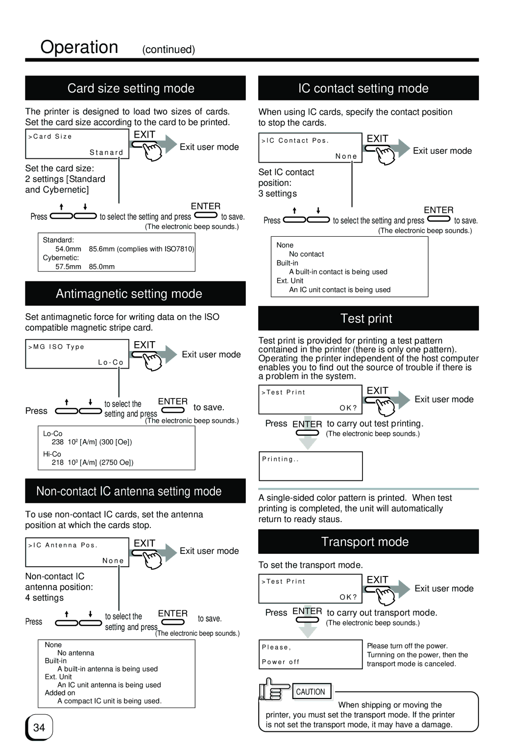 Ultra electronic ID Card Printer manual Card size setting mode, Antimagnetic setting mode, Test print, Transport mode 