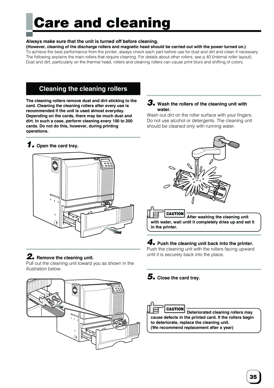 Ultra electronic ID Card Printer manual Care and cleaning, Cleaning the cleaning rollers, Remove the cleaning unit 