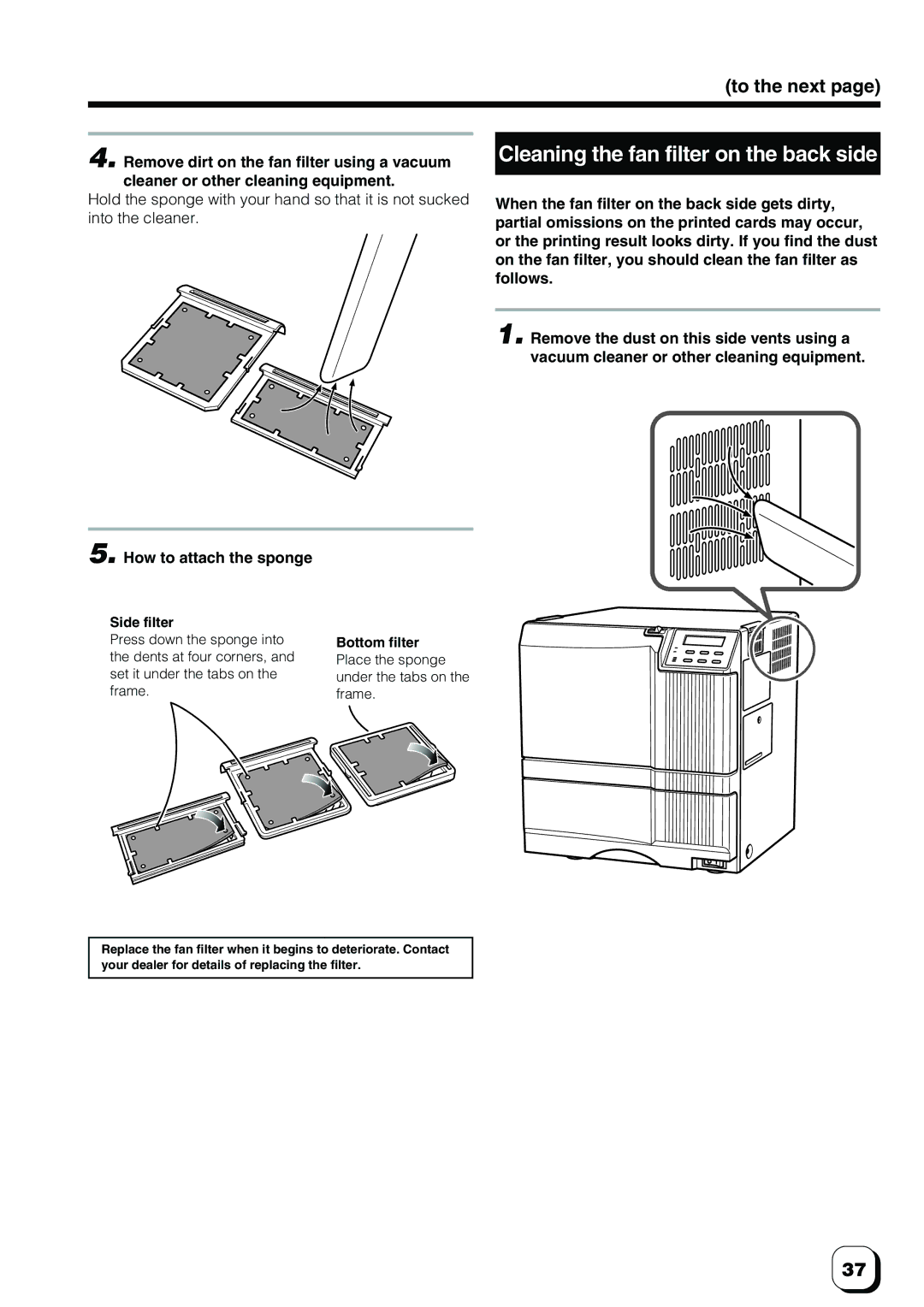 Ultra electronic ID Card Printer manual Cleaning the fan filter on the back side, How to attach the sponge 