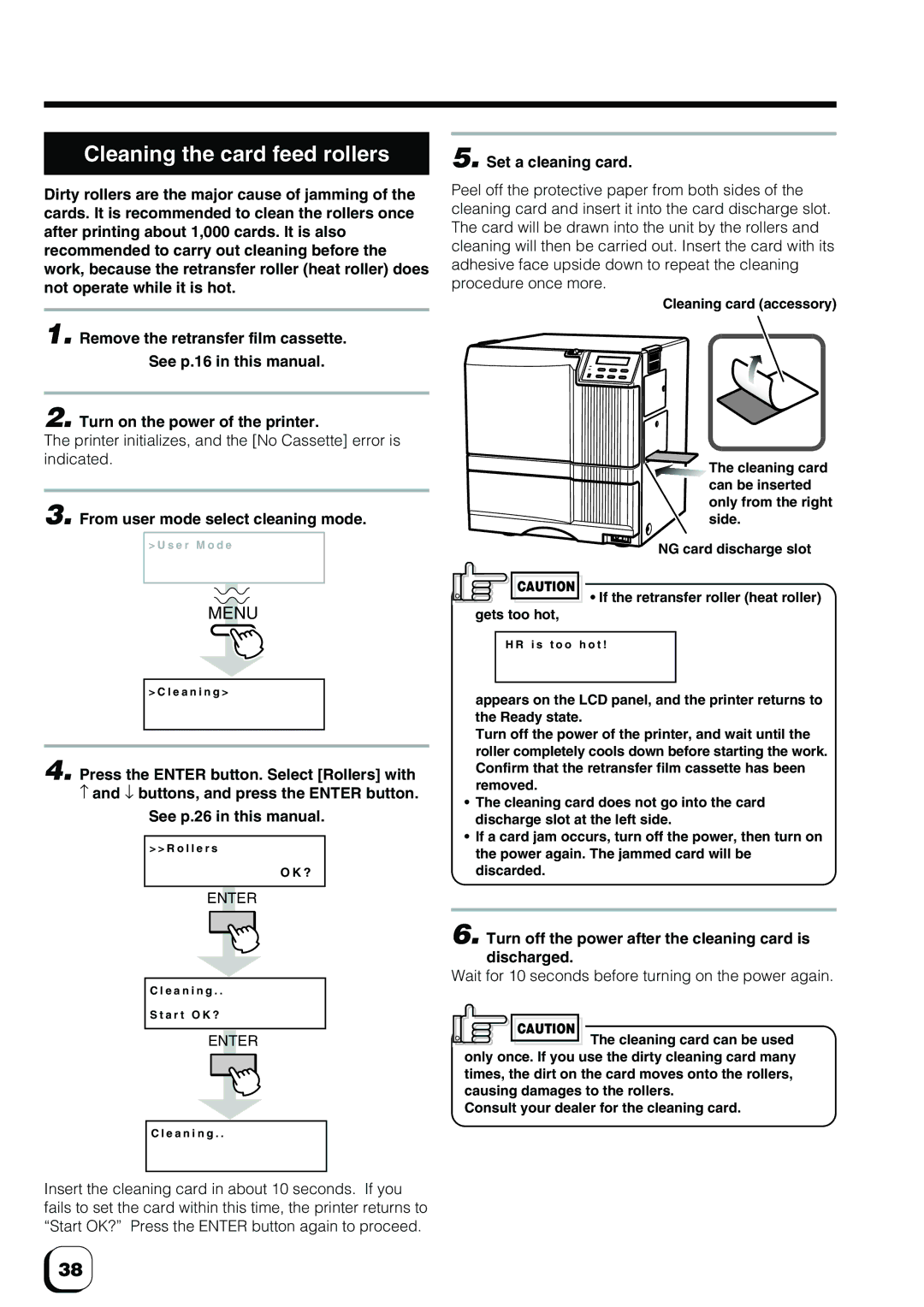 Ultra electronic ID Card Printer Cleaning the card feed rollers, Set a cleaning card, From user mode select cleaning mode 