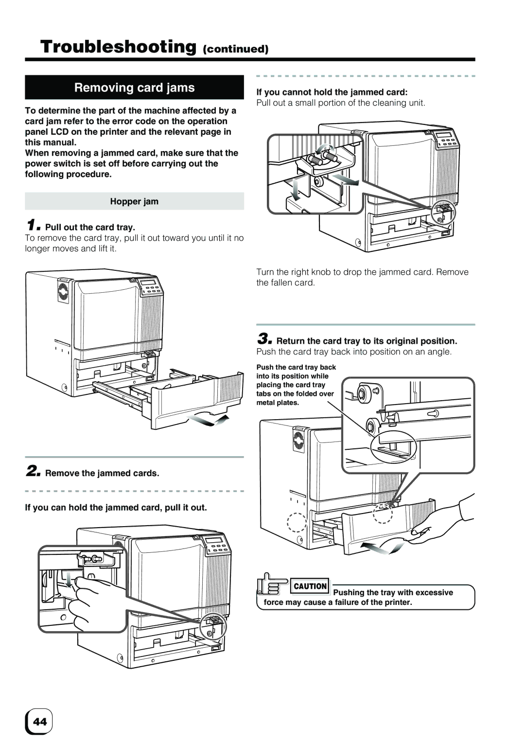 Ultra electronic ID Card Printer manual Removing card jams, Return the card tray to its original position 