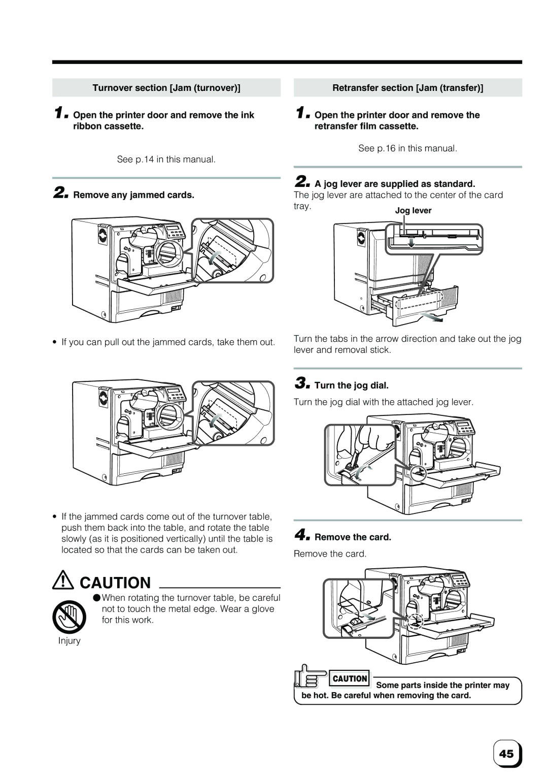 Ultra electronic ID Card Printer manual Remove any jammed cards, Jog lever are supplied as standard, Turn the jog dial 