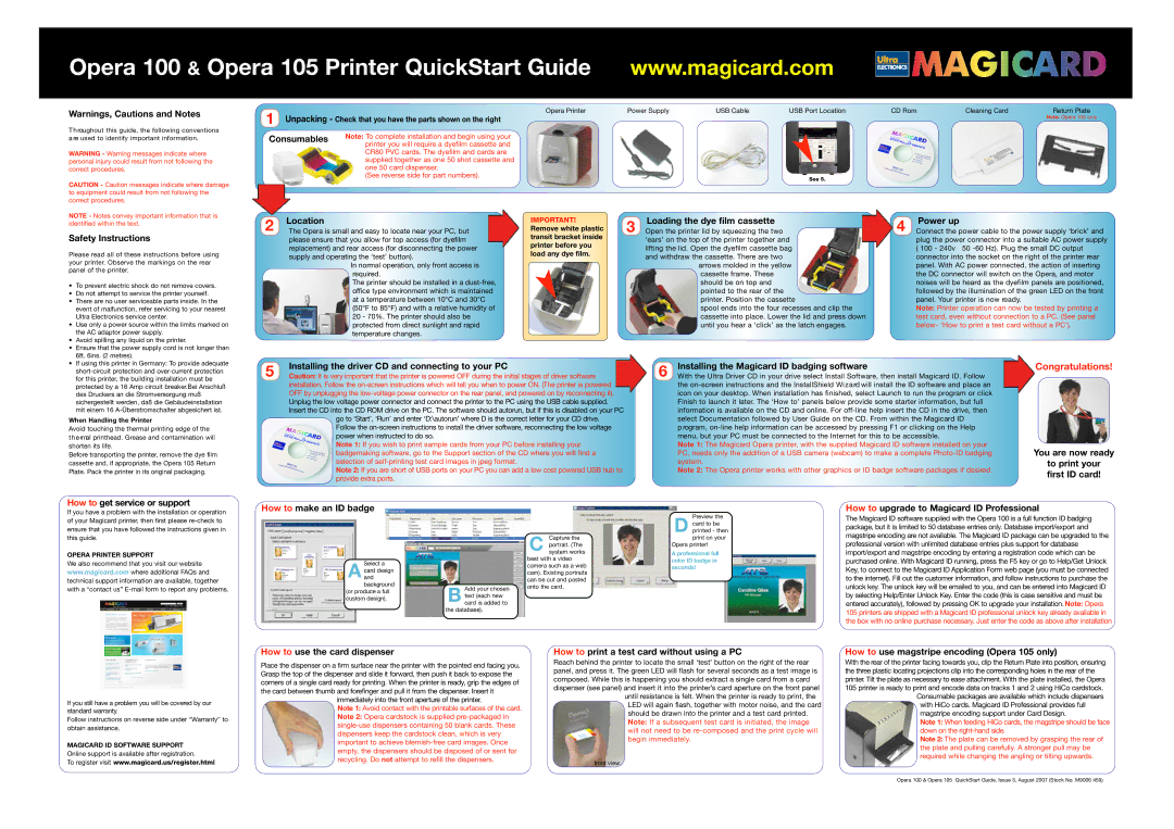 Ultra electronic Opera 100, Opera 105 quick start Safety Instructions, Location, Loading the dye film cassette Power up 