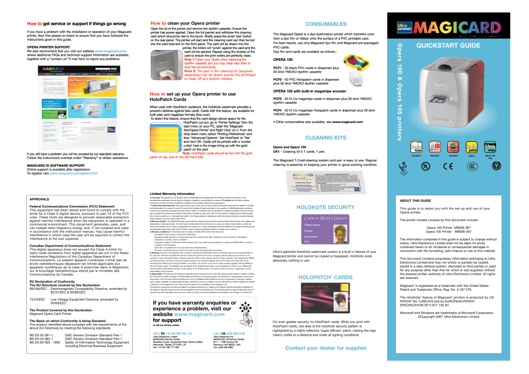 Ultra electronic Opera 105, Opera 100 Quickstart Guide, Consumables, Cleaning Kits, Holokote Security, Holopatch Cards 