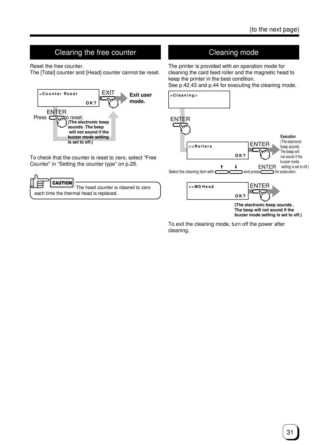 Ultra electronic Prima 3 user manual Clearing the free counter, Reset the free counter, Exit user, Mode, Press to reset 