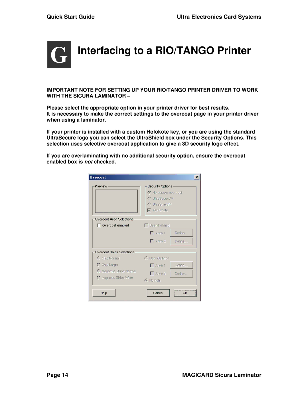 Ultra electronic Sicura Laminator quick start Interfacing to a RIO/TANGO Printer 