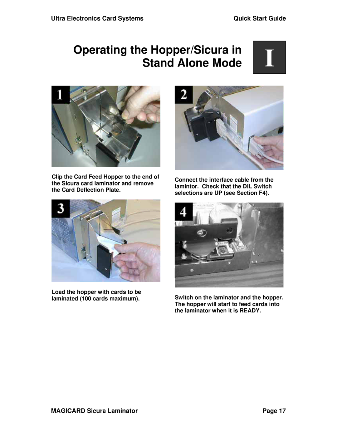 Ultra electronic Sicura Laminator quick start Operating the Hopper/Sicura in Stand Alone Mode 