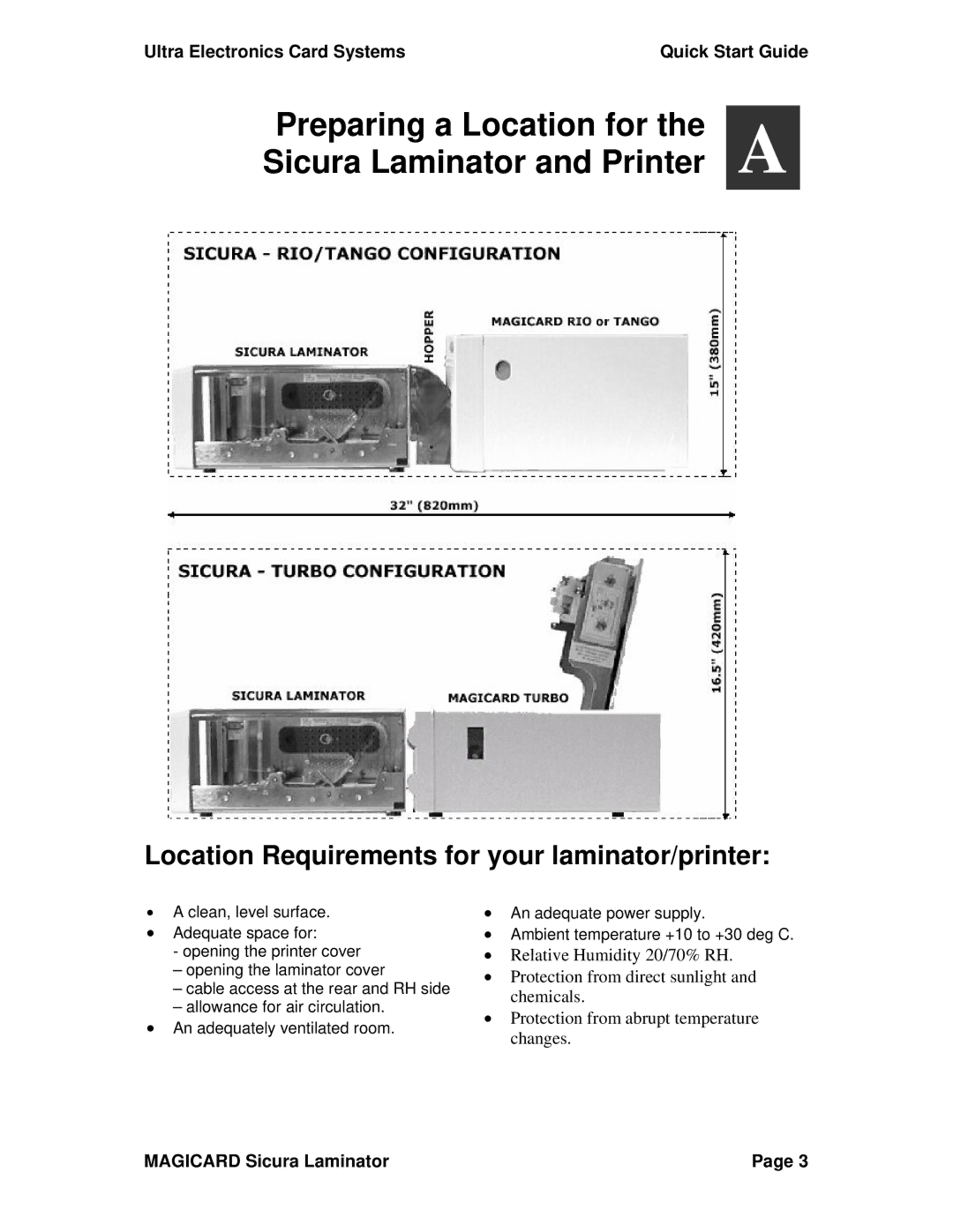 Ultra electronic quick start Preparing a Location for Sicura Laminator and Printer 