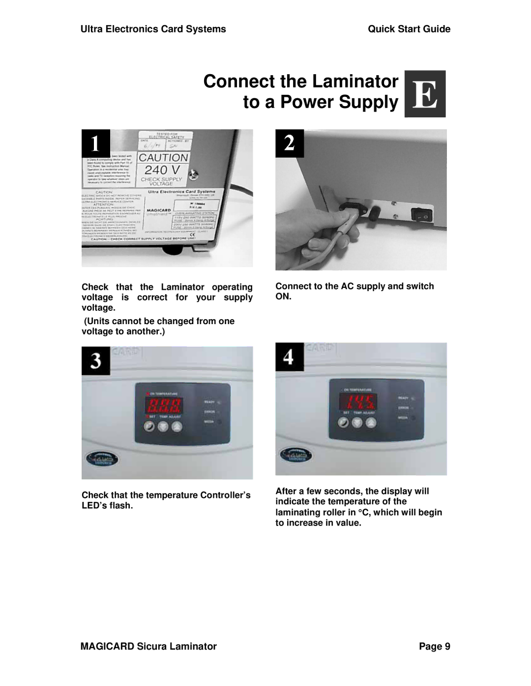 Ultra electronic Sicura Laminator quick start Connect the Laminator E To a Power Supply 