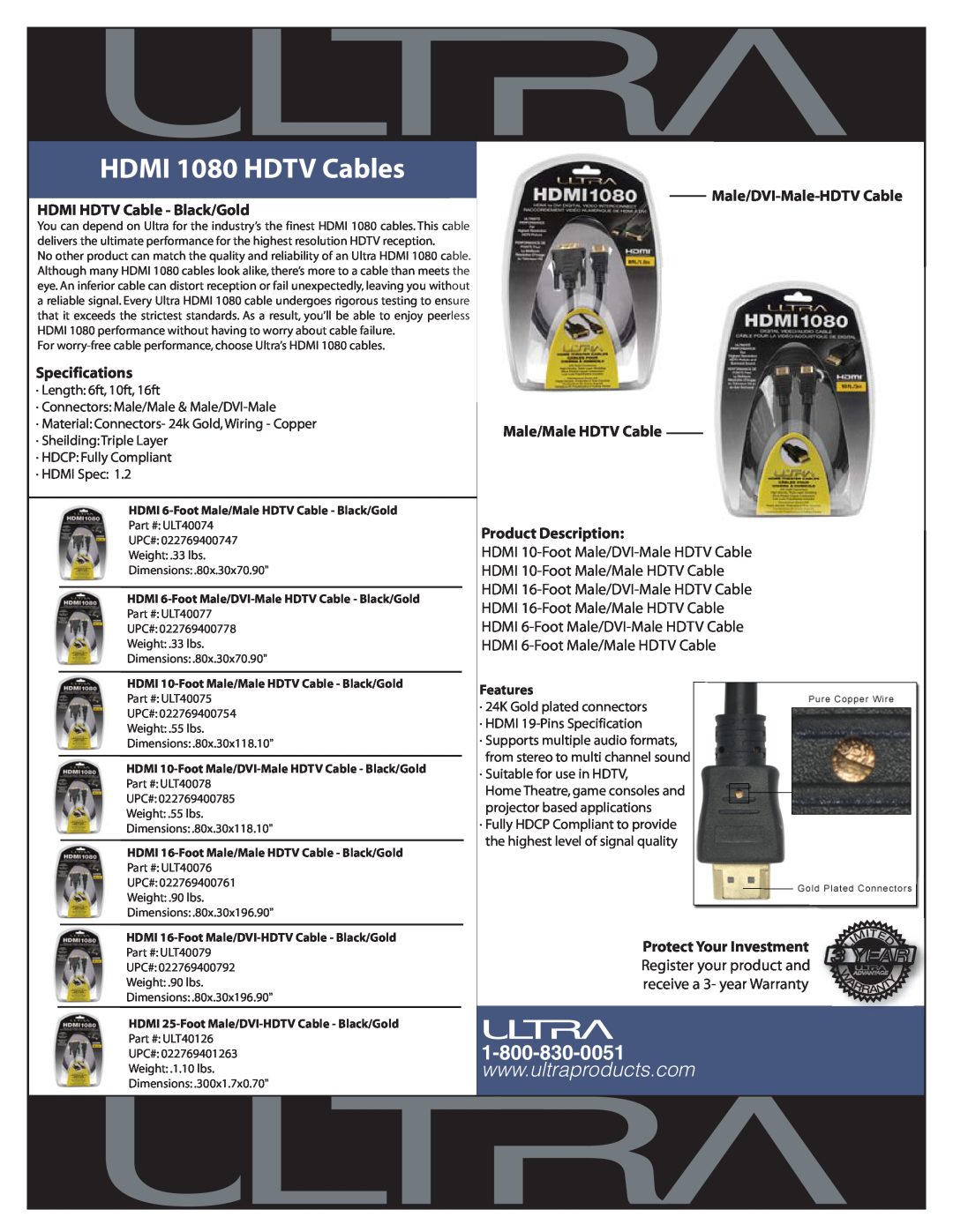 Ultra Products ULT40126 specifications HDMI 1080 HDTV Cables, Male/DVI-Male-HDTVCable, HDMI HDTV Cable - Black/Gold 