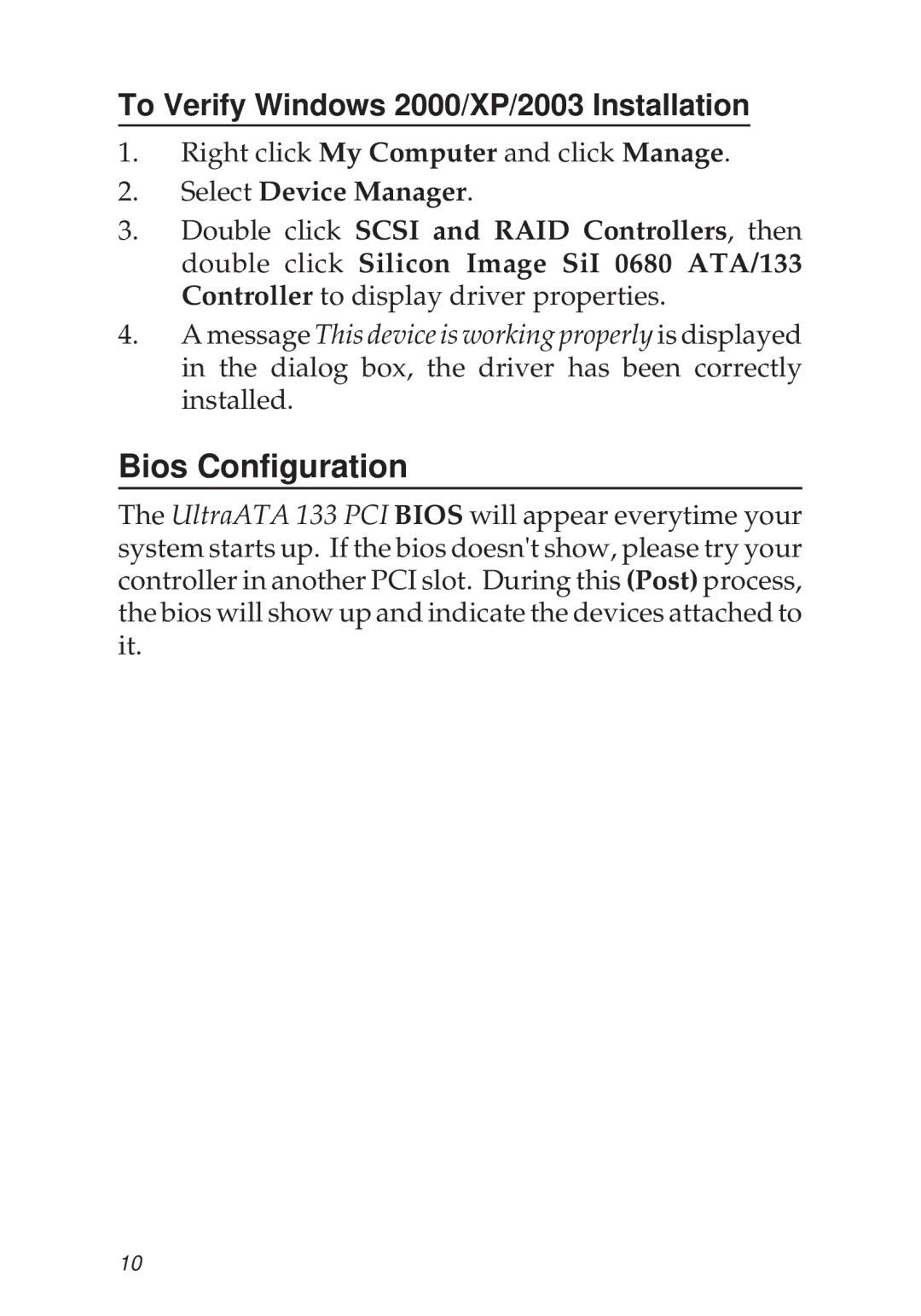 Ultra Products 96500, 96900, 93900 Bios Configuration, To Verify Windows 2000/XP/2003 Installation, Select Device Manager 