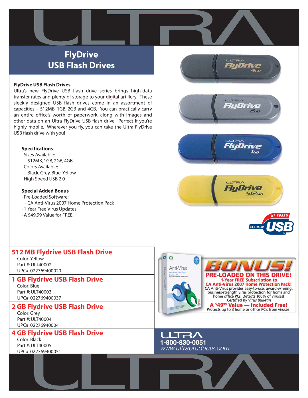 Ultra Products specifications FlyDrive USB Flash Drives, Specifications, Special Added Bonus 