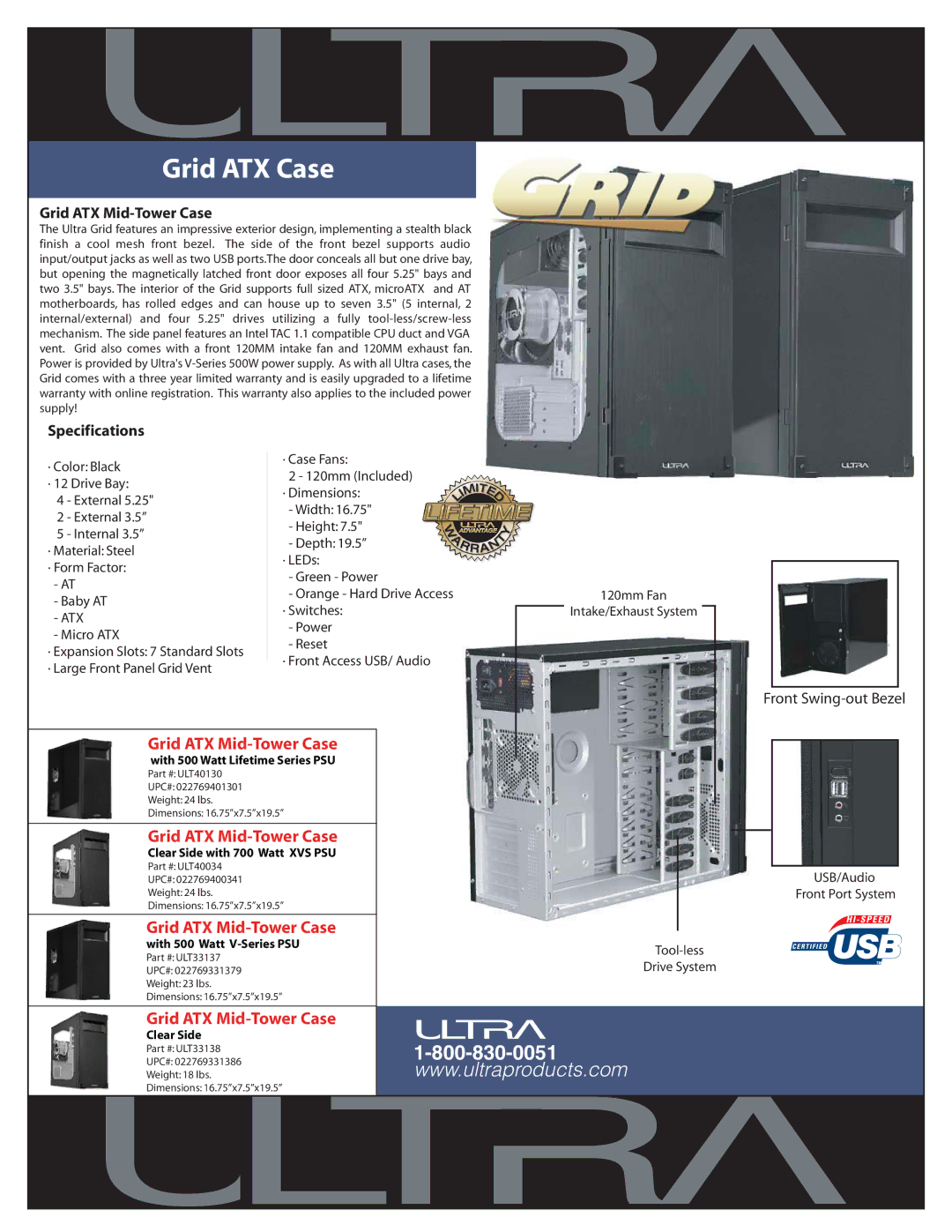 Ultra Products specifications Grid ATX Case, Grid ATX Mid-Tower Case, Specifications, Atx 