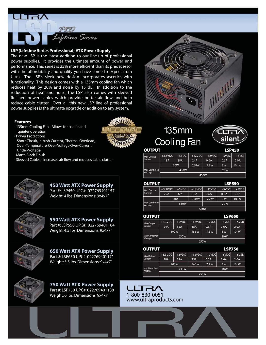 Ultra Products dimensions LSP Lifetime Series Professional ATX Power Supply, Features, LSP450, LSP550, LSP650, LSP750 