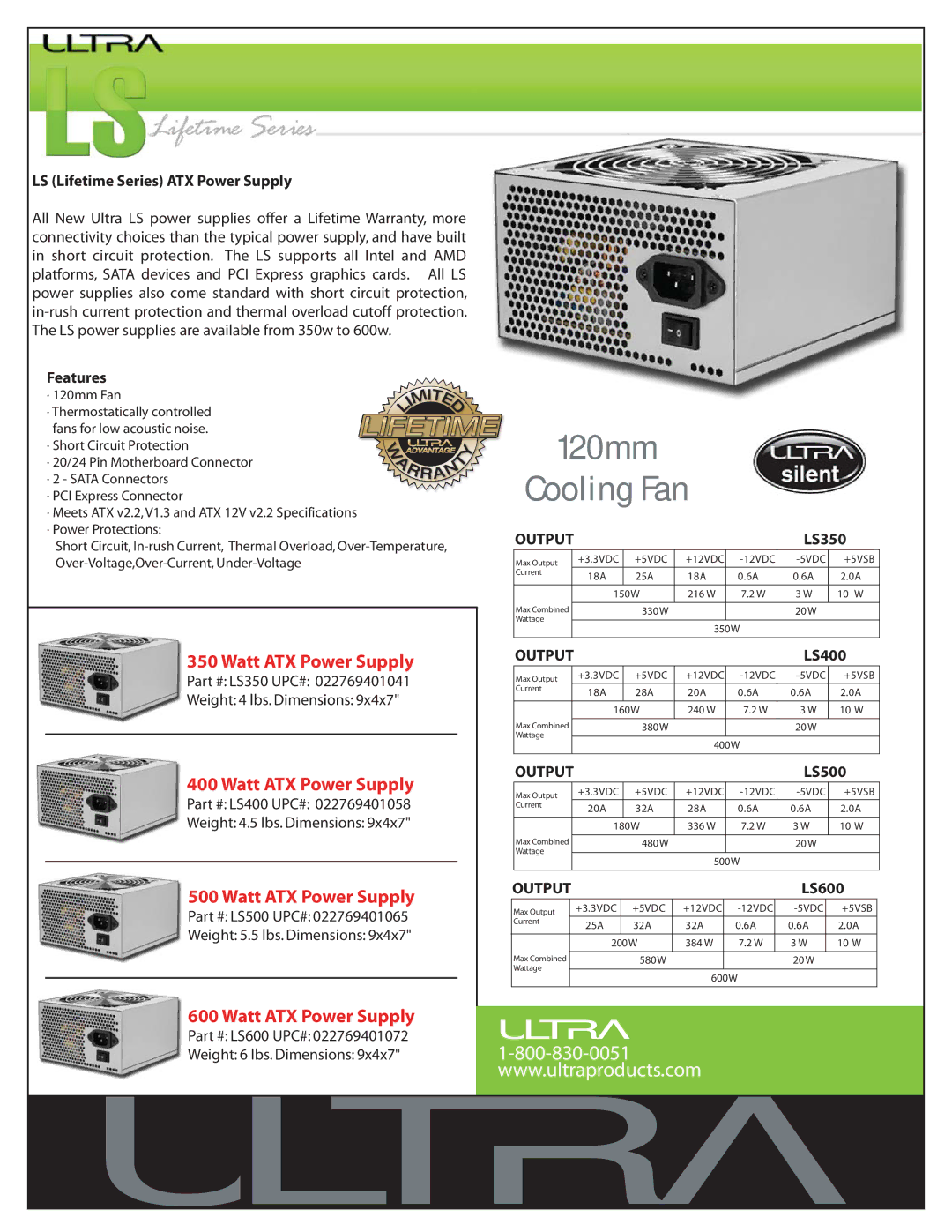 Ultra Products LS specifications 120mm Cooling Fan, Output 