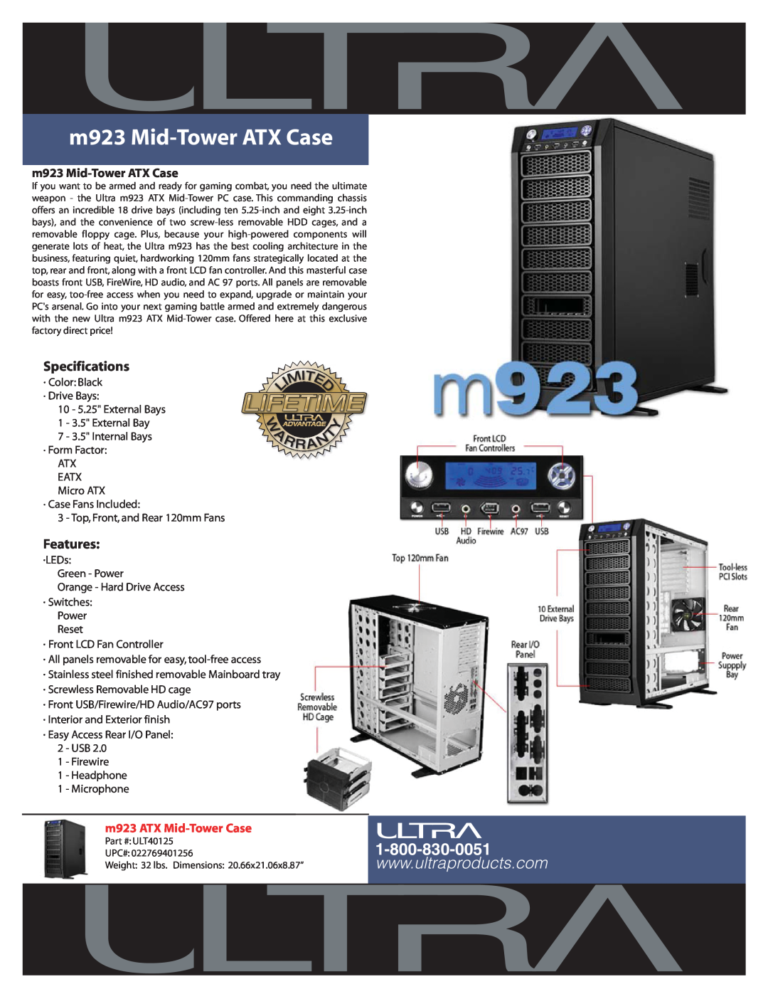 Ultra Products specifications m923 Mid-Tower ATX Case, Specifications, Features, m923 ATX Mid-Tower Case 