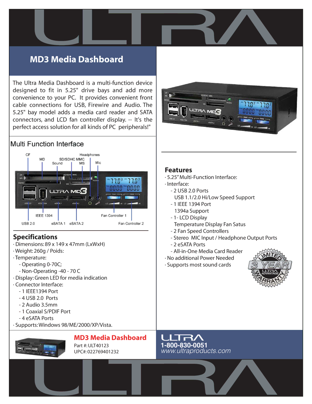 Ultra Products specifications MD3 Media Dashboard, Specifications, Features 