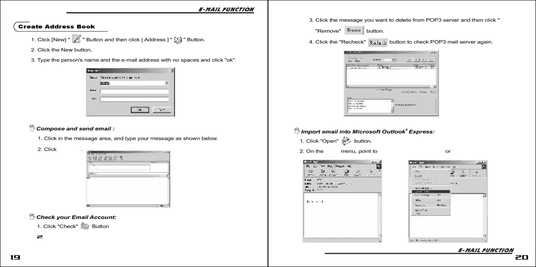 Ultra Products MP3 Player manual Mail Function Create Address Book, ICompose and send email, ICheck your Email Account 