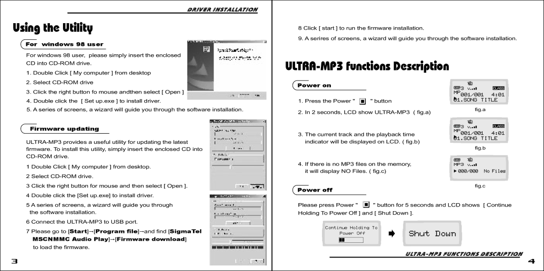 Ultra Products MP3 Player manual Using the Utility, ULTRA-MP3 functions Description 