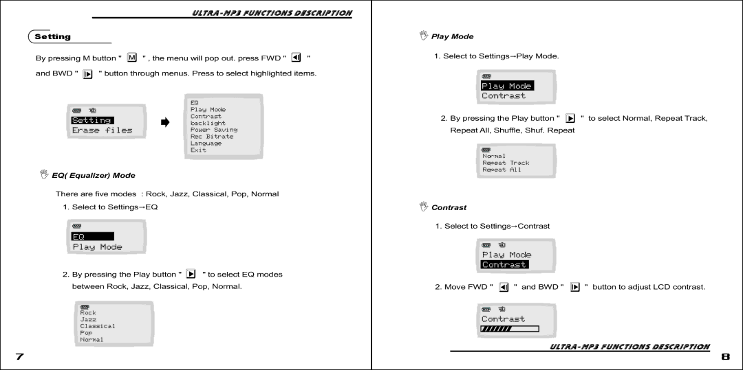 Ultra Products MP3 Player manual ULTRA-MP3 functions Description Setting, EQ Equalizer Mode, Play Mode, Contrast 