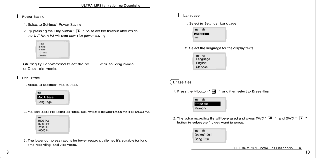 Ultra Products MP3 Player manual Power Saving, Rec Bitrate, Language, Erase files 