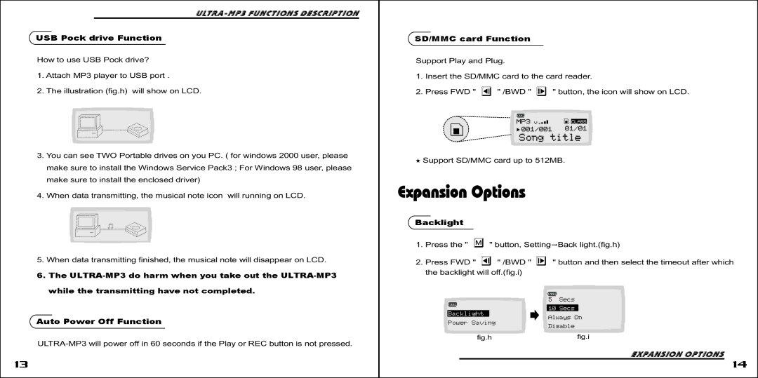 Ultra Products MP3 Player Expansion Options, ULTRA-MP3 functions Description USB Pock drive Function, SD/MMC card Function 