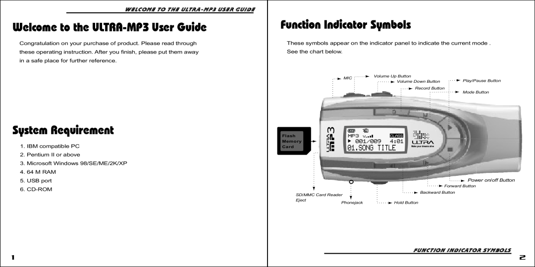 Ultra Products MP3 Player manual Welcome to the ULTRA-MP3 User Guide, System Requirement, Function Indicator Symbols 