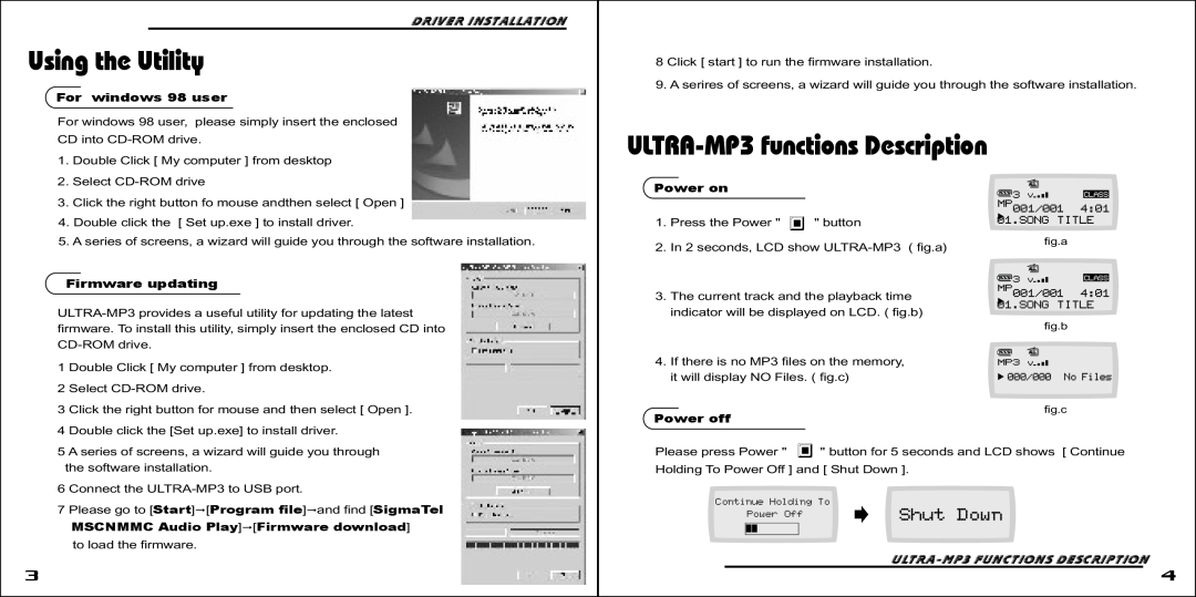 Ultra Products MP3 Player Using the Utility, ULTRA-MP3 functions Description, Driver Installation, For windows 98 user 