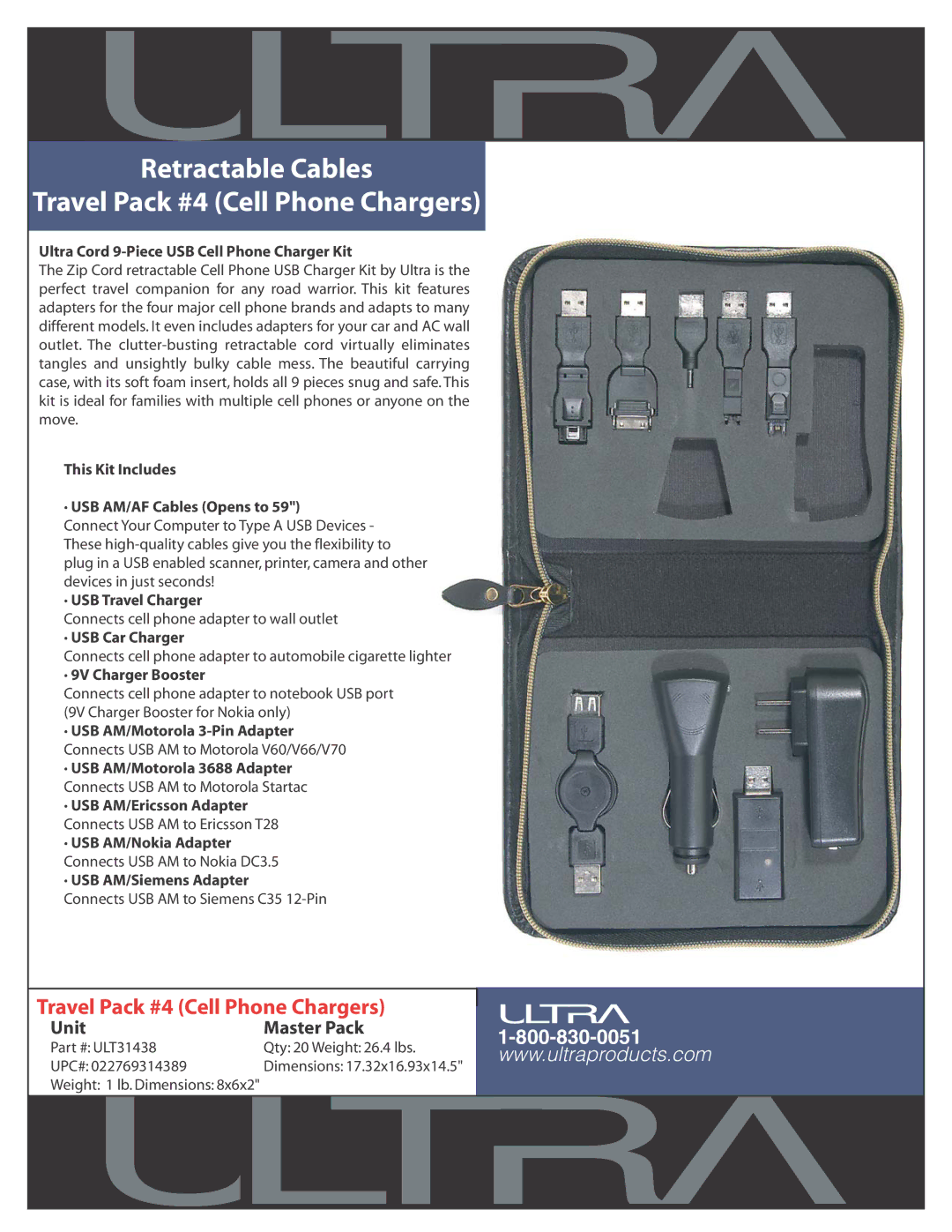 Ultra Products dimensions Retractable Cables, Travel Pack #4 Cell Phone Chargers 