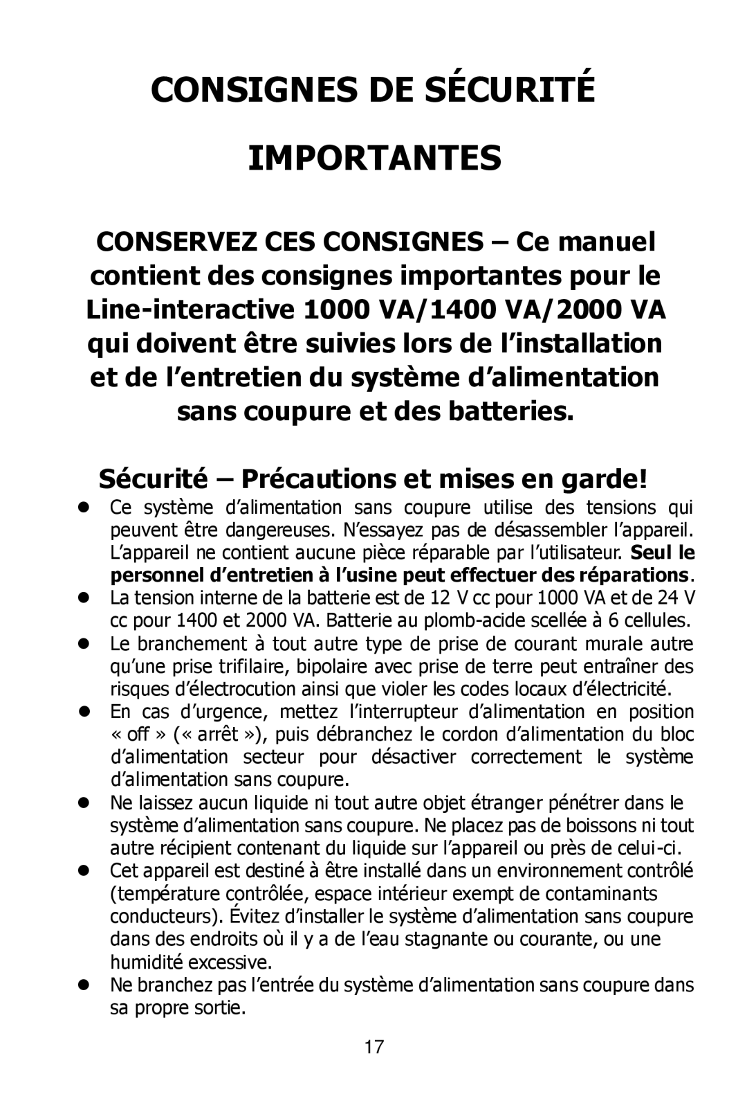 Ultra Products U1242368 user manual Consignes DE Sécurité Importantes 