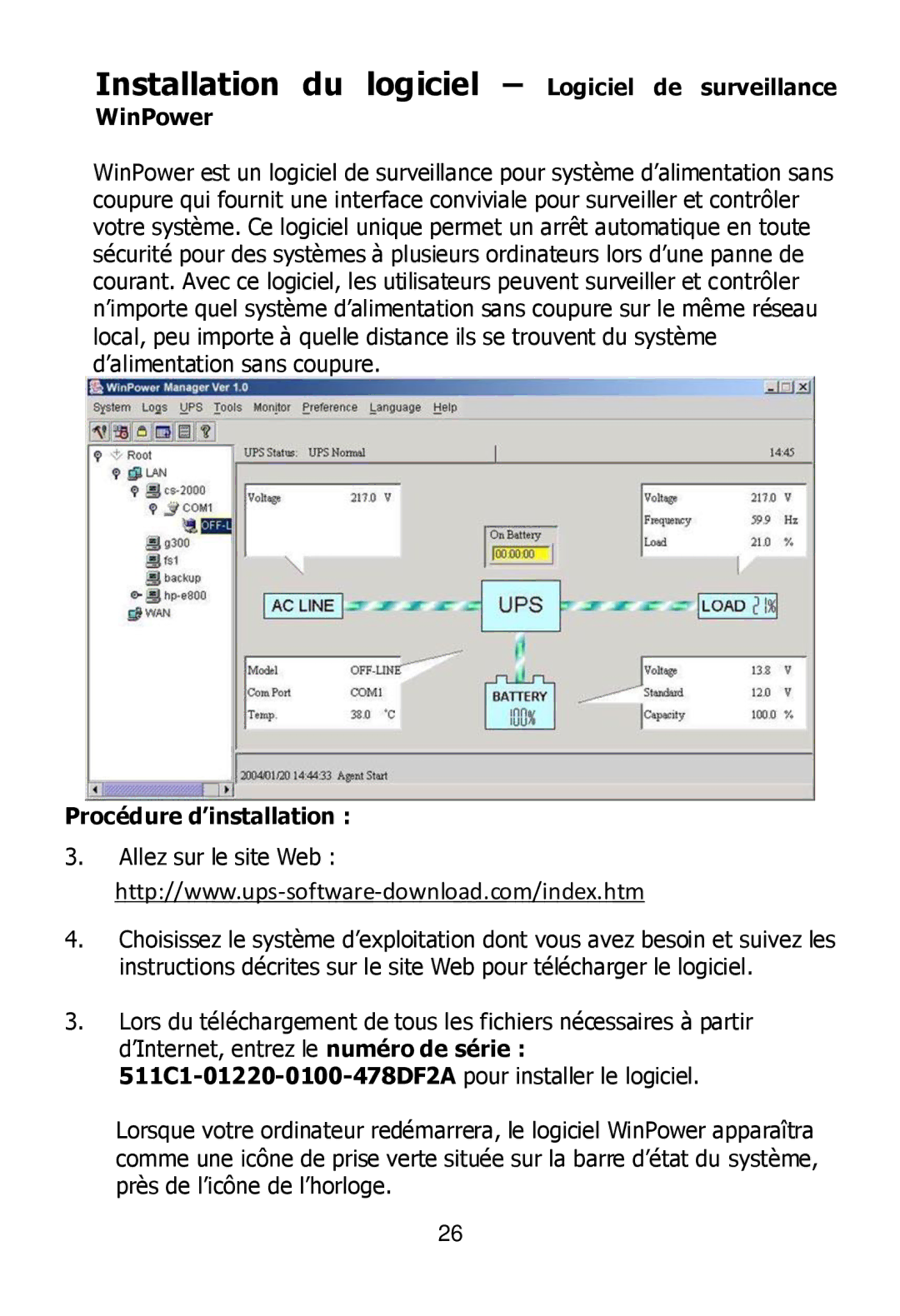 Ultra Products U1242368 user manual Installation du logiciel Logiciel de surveillance, WinPower, Procédure d’installation 