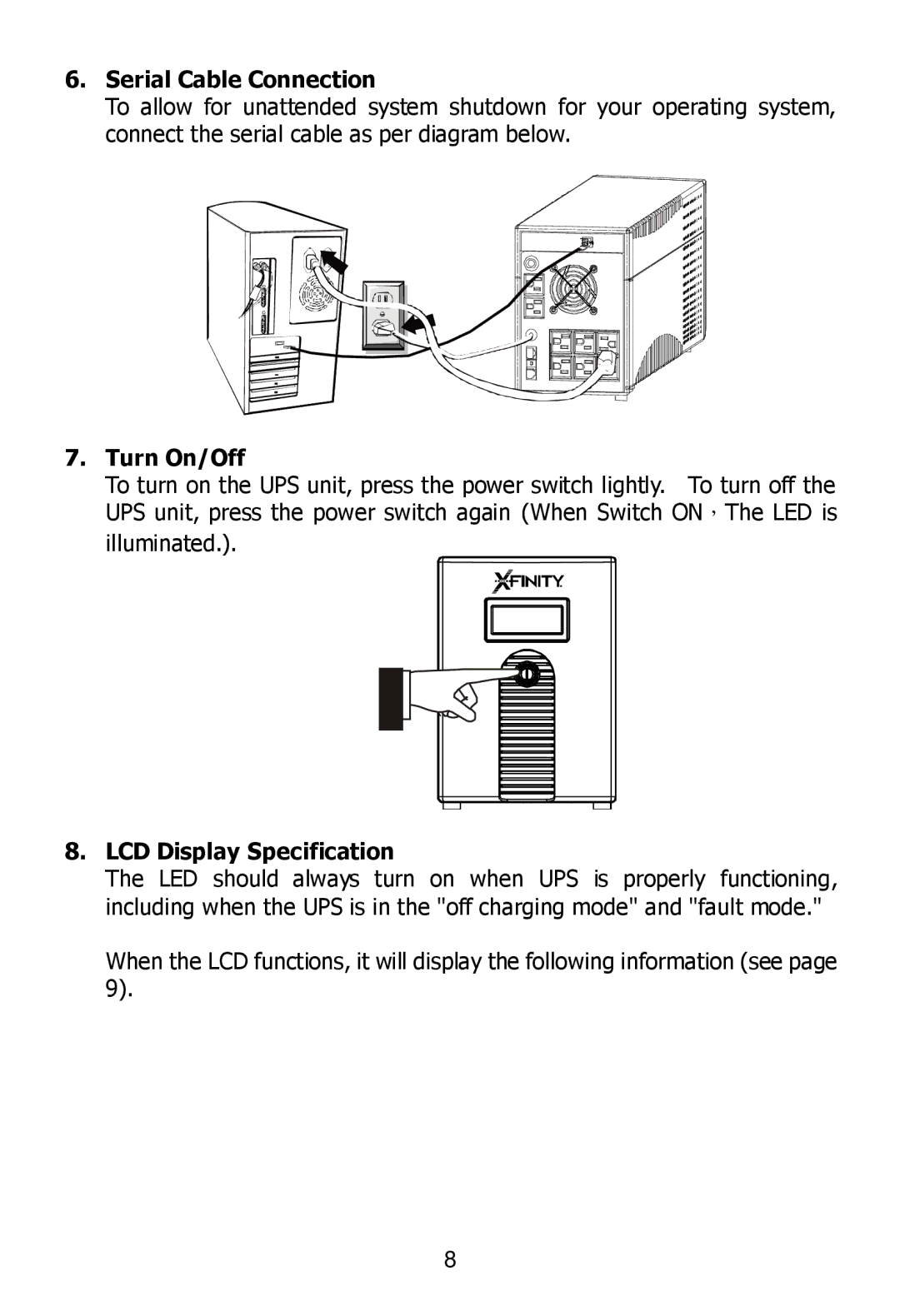 Ultra Products U1242368 user manual Serial Cable Connection, Turn On/Off, LCD Display Specification 