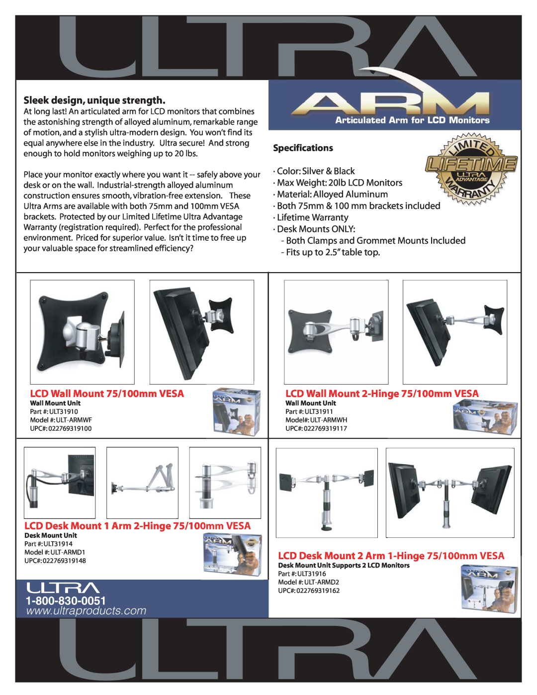 Ultra Products ULT-ARMD2 specifications Sleek design, unique strength, LCD Wall Mount 75/100mm VESA, Specifications 
