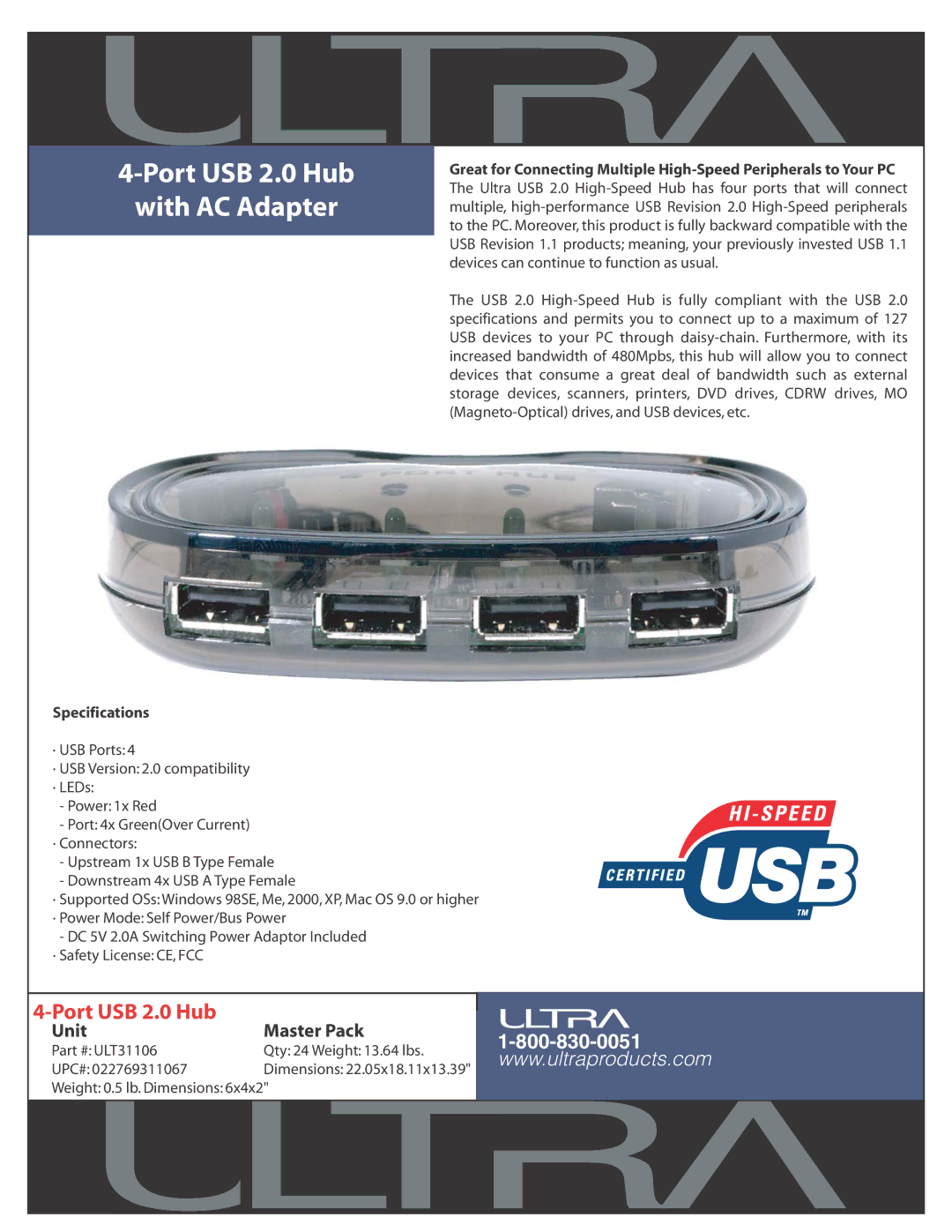 Ultra Products ULT31106 dimensions Port USB 2.0 Hub With AC Adapter, Specifications 