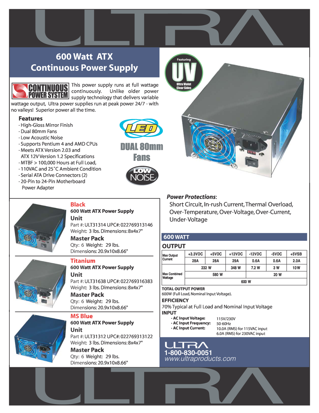 Ultra Products ULT31312 dimensions Watt ATX Continuous Power Supply, DUAL 80mm, Fans, Features, Black, Unit, Master Pack 