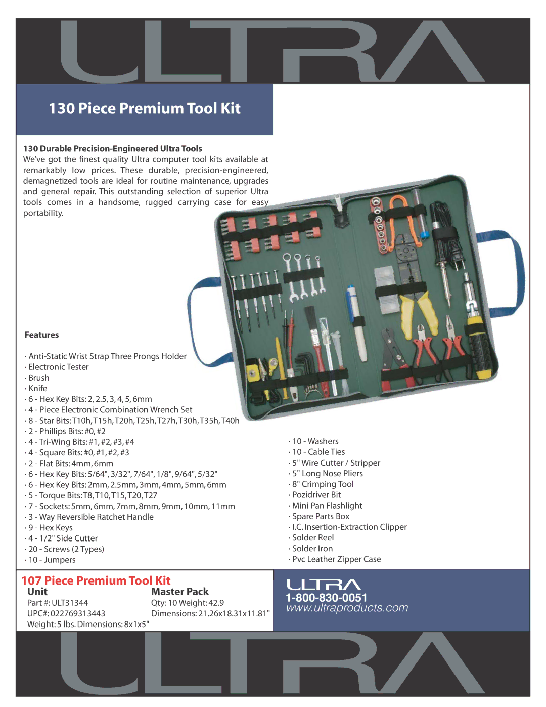 Ultra Products ULT31344 dimensions Piece Premium Tool Kit, Durable Precision-Engineered Ultra Tools, Features 