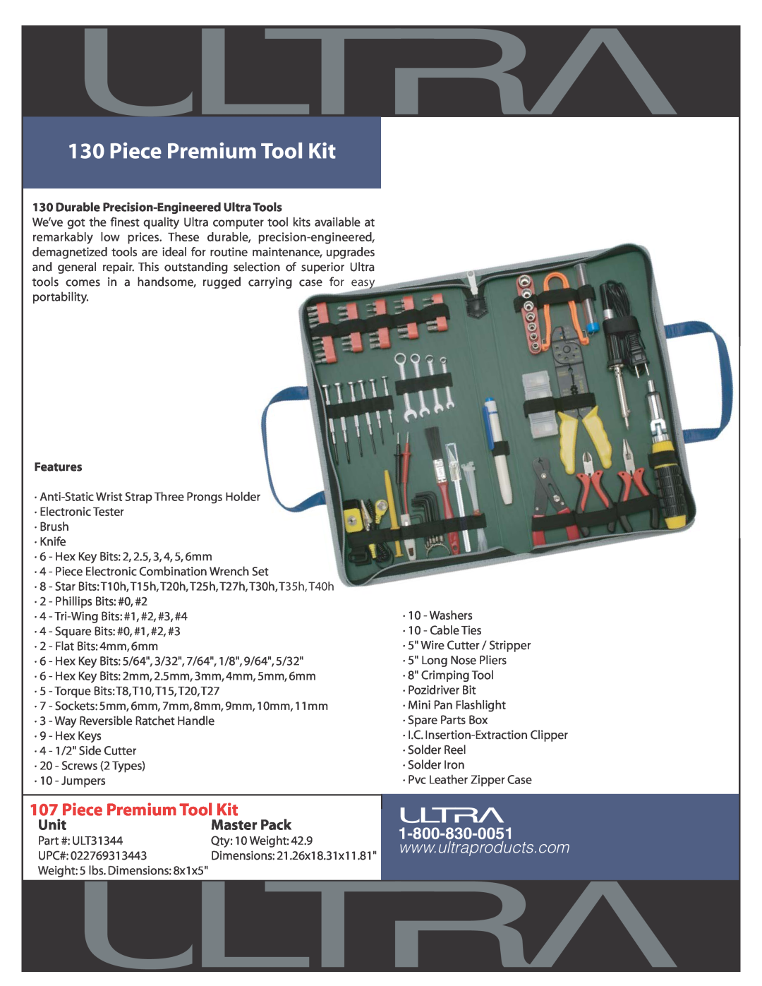 Ultra Products ULT31344 dimensions Piece Premium Tool Kit, Unit, Master Pack, Durable Precision-Engineered Ultra Tools 