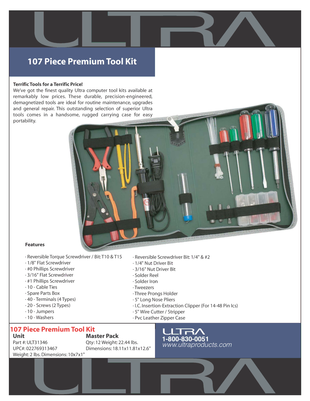 Ultra Products ULT31346 dimensions Piece Premium Tool Kit, Terrific Tools for a Terrific Price, Features 