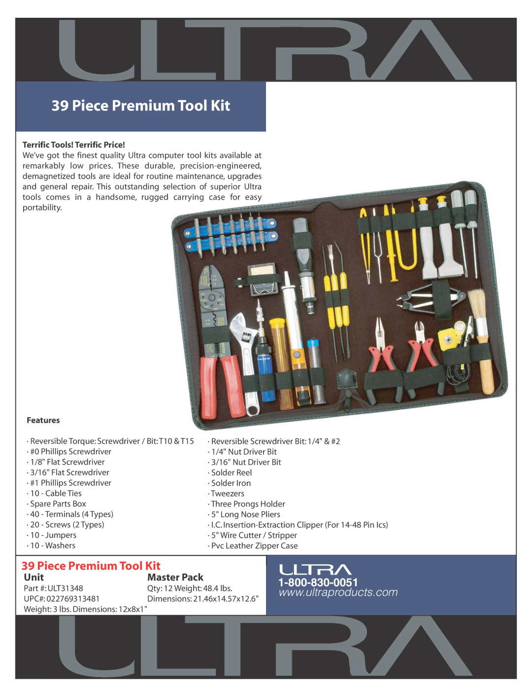 Ultra Products ULT31348 dimensions Piece Premium Tool Kit, Terrific Tools! Terrific Price, Features 