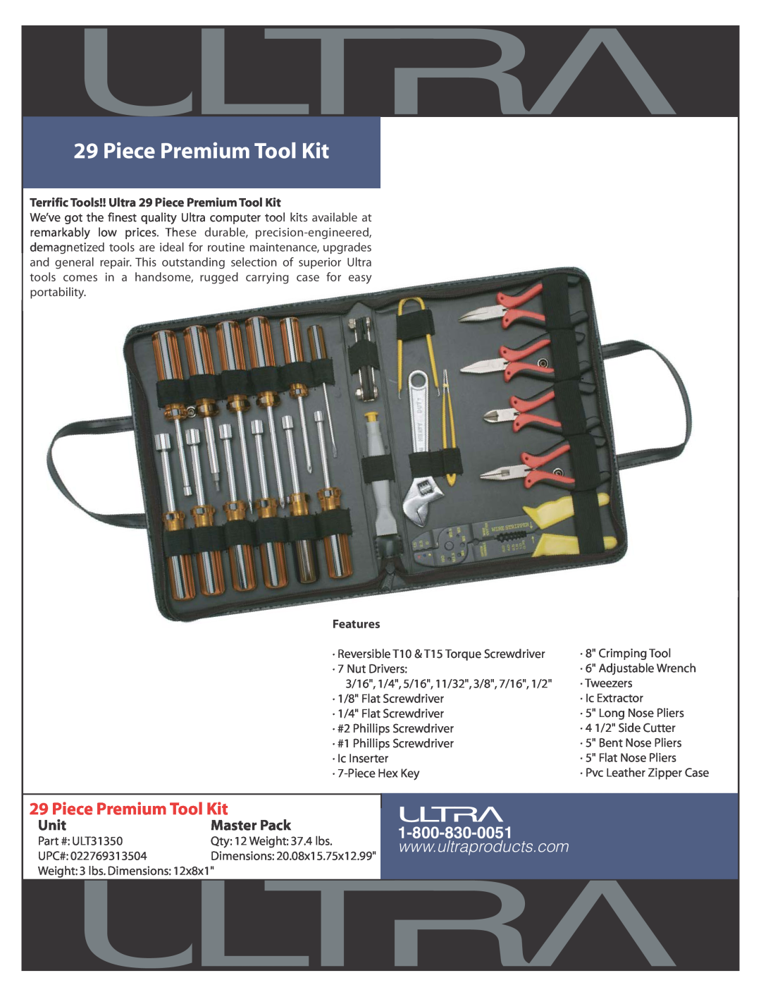 Ultra Products ULT31350 dimensions Piece Premium Tool Kit, Unit, Master Pack, Features 