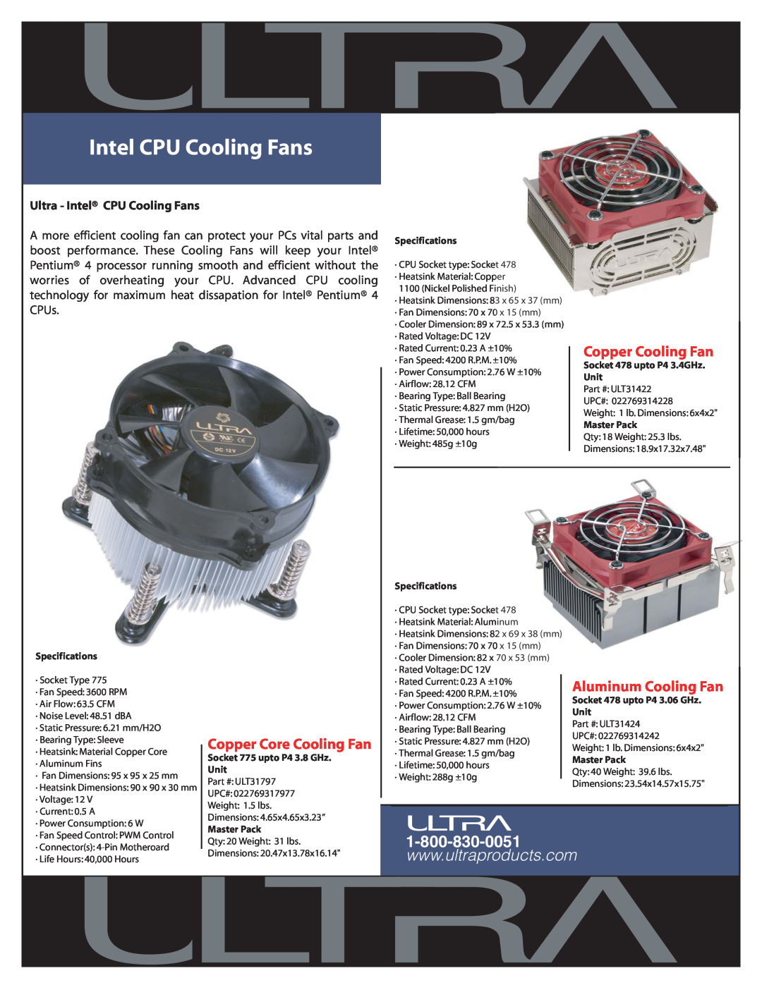 Ultra Products ULT31422 dimensions Intel CPU Cooling Fans, Copper Cooling Fan, Copper Core Cooling Fan, Specifications 