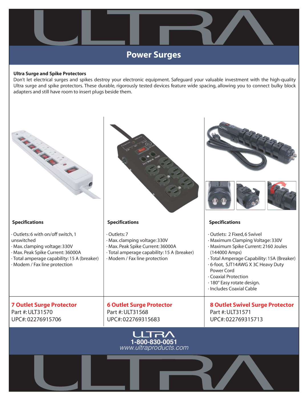 Ultra Products ULT31571 specifications Power Surges, Ultra Surge and Spike Protectors, Specifications 