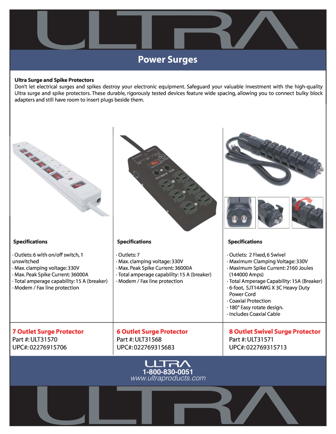 Ultra Products specifications Power Surges, Upc#, Outlet Swivel Surge Protector ULT31571, Specifications 
