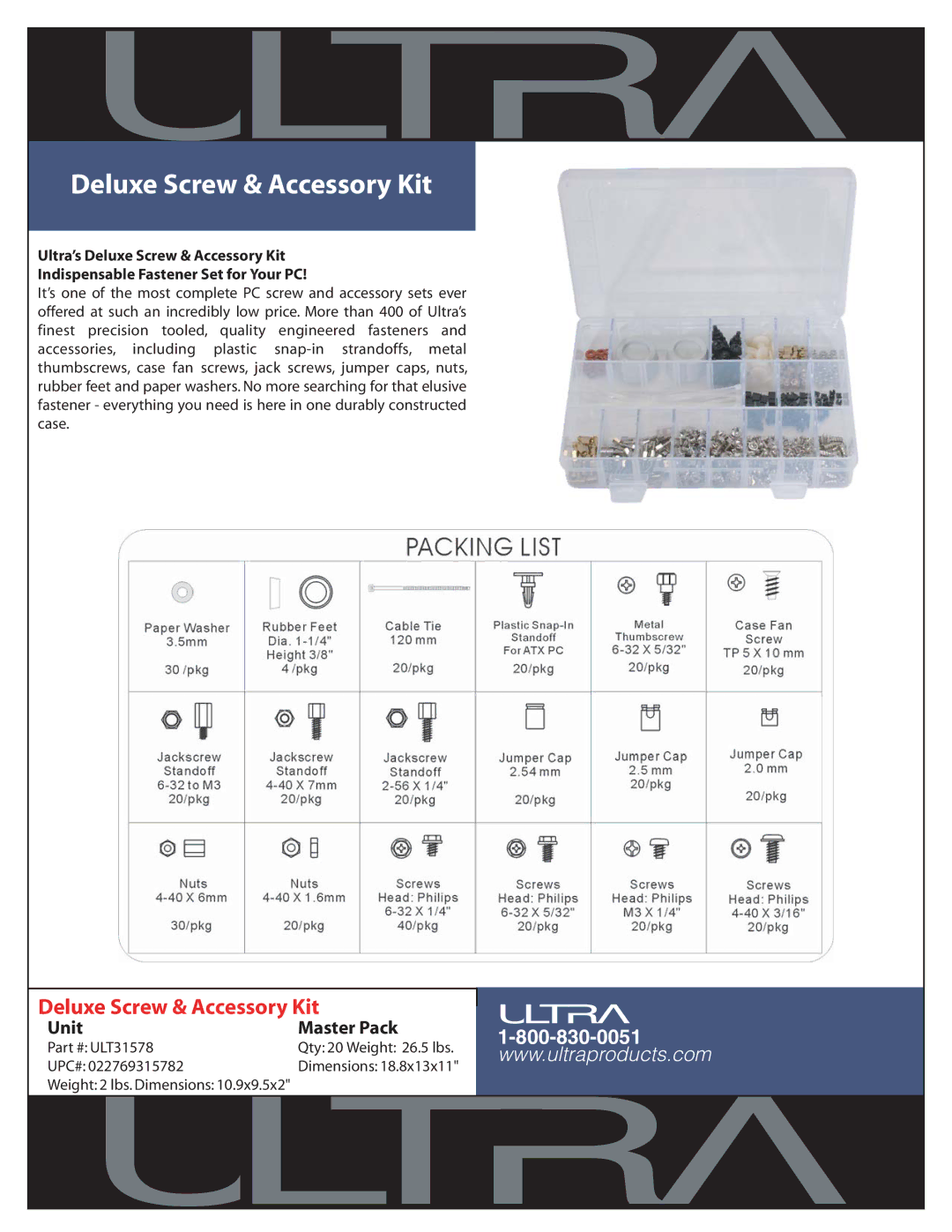 Ultra Products ULT31578 dimensions Deluxe Screw & Accessory Kit 