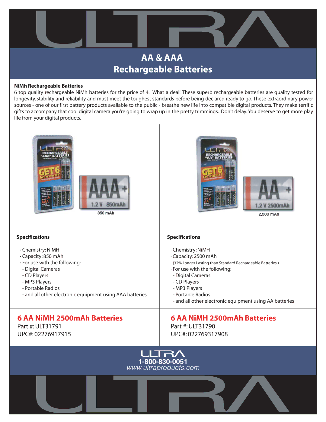 Ultra Products ULT31790, ULT31791 specifications Aa & Aaa, NiMh Rechargeable Batteries, Specifications 