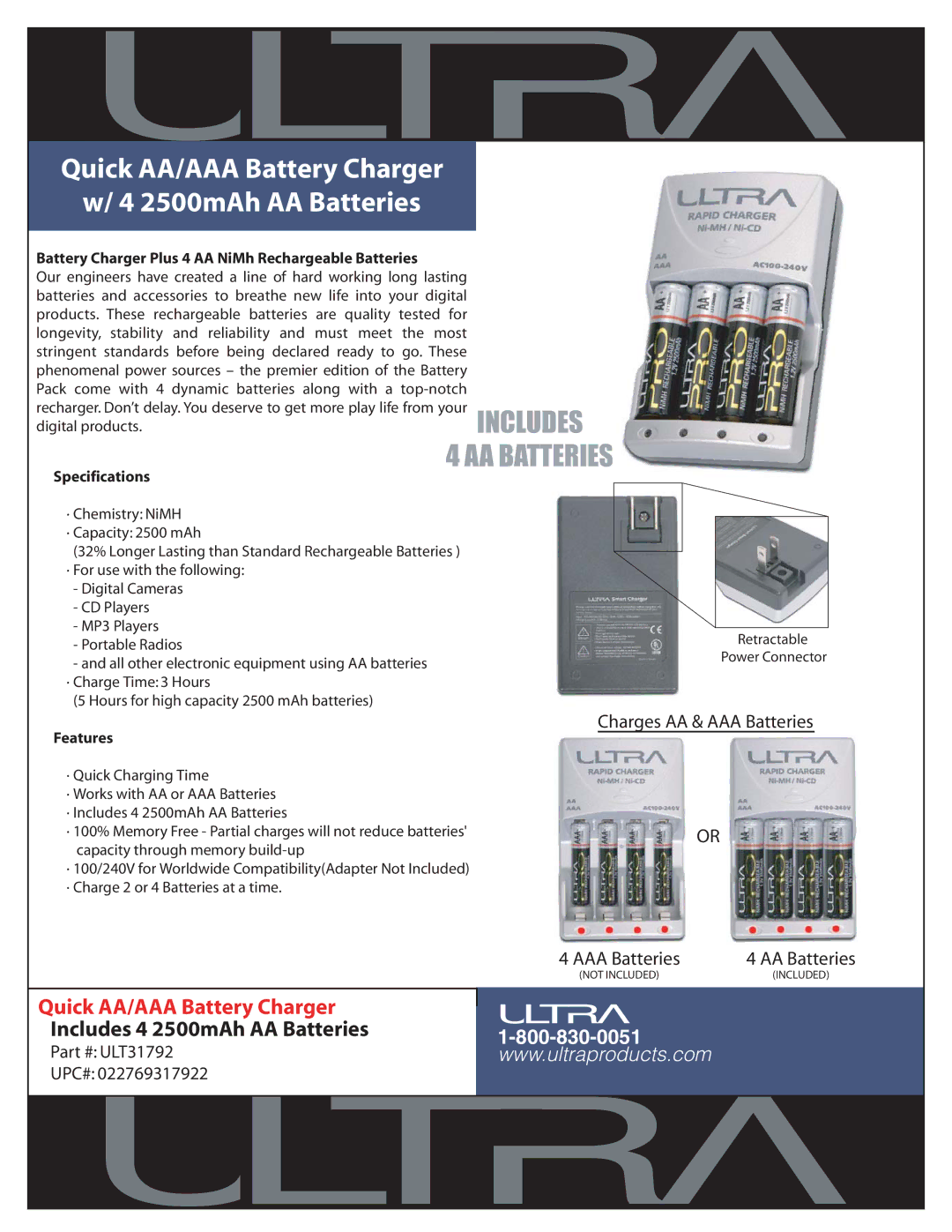 Ultra Products ULT31792 specifications Quick AA/AAA Battery Charger 2500mAh AA Batteries, Specifications, Features 